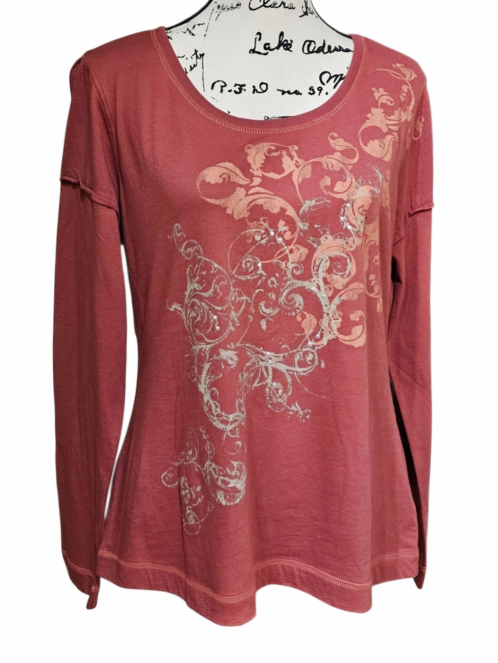 Sonoma Brick Red Long Sleeve Scroll-Print Top